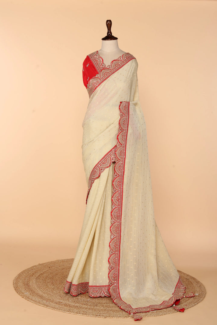 Beige Banarasi Crush Saree with Weaved Butti & Red Border Embellished in Marodi, Sequin & Zardosi