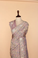 Load image into Gallery viewer, Lavender Banarasi Saree with Frilled Pleats, Side Slit &amp; Dori-Sequin Border
