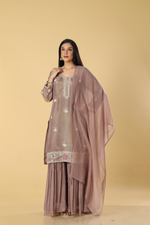 Load image into Gallery viewer, Chickoo tissue &amp; georgette zardosi resham embroidered sharara set
