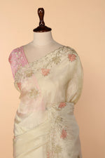 Load image into Gallery viewer, Off-White Abutai Silk Saree with Appliqué, Sequin, Cutdana &amp; French Knot Embroidery
