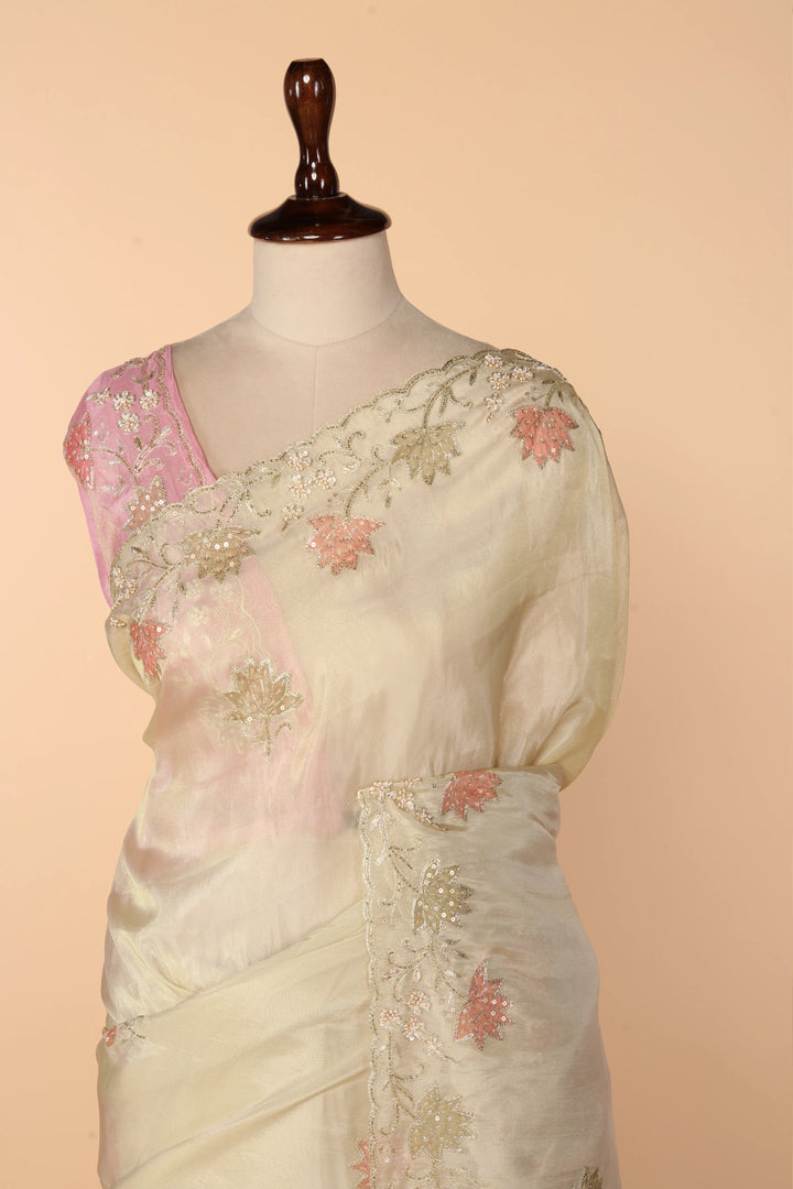 Off-White Abutai Silk Saree with Appliqué, Sequin, Cutdana & French Knot Embroidery