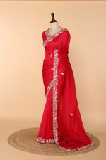 Load image into Gallery viewer, Coral Pink Abutai Silk Saree with Bead, Pearl &amp; Sequin Work
