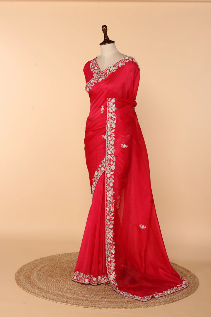Coral Pink Abutai Silk Saree with Bead, Pearl & Sequin Work