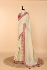 Load image into Gallery viewer, Beige Banarasi Crush Saree with Weaved Butti &amp; Red Border Embellished in Marodi, Sequin &amp; Zardosi
