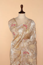 Load image into Gallery viewer, Beige-Gold Banarasi Tissue Saree with Mixed Embroidery (Pita Dori, Gota Patti &amp; French Knot)
