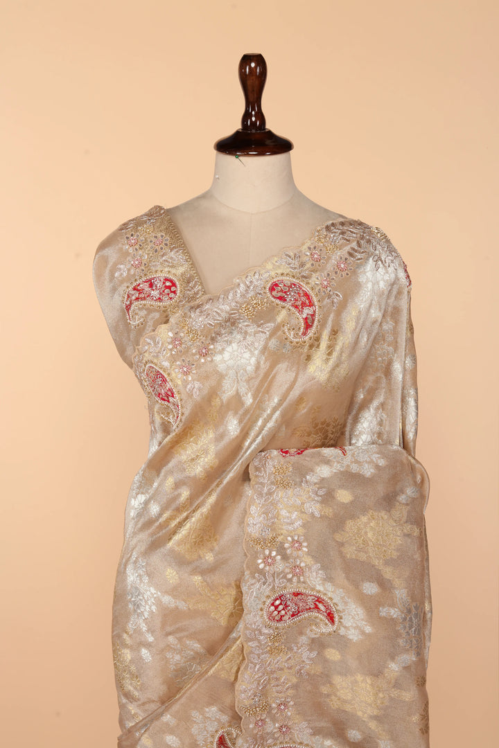Beige-Gold Banarasi Tissue Saree with Mixed Embroidery (Pita Dori, Gota Patti & French Knot)