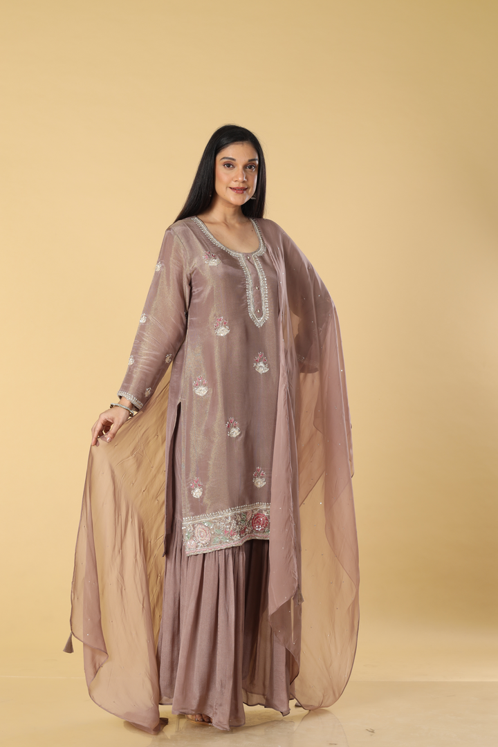 Chickoo tissue & georgette zardosi resham embroidered sharara set