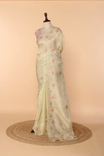 Load image into Gallery viewer, Off-White Abutai Silk Saree with Appliqué, Sequin, Cutdana &amp; French Knot Embroidery
