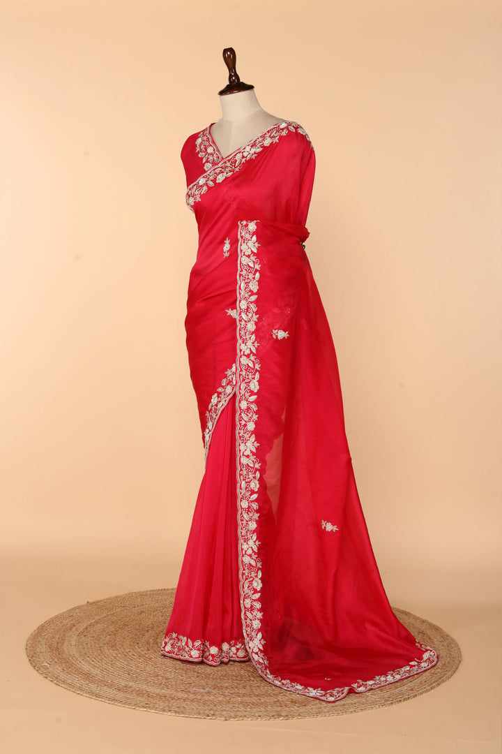 Coral Pink Abutai Silk Saree with Bead, Pearl & Sequin Work