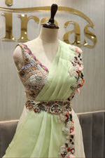 Load image into Gallery viewer, Pastel Green Organza Indowestern Set with Draped Palazzo &amp; Embroidered Blouse
