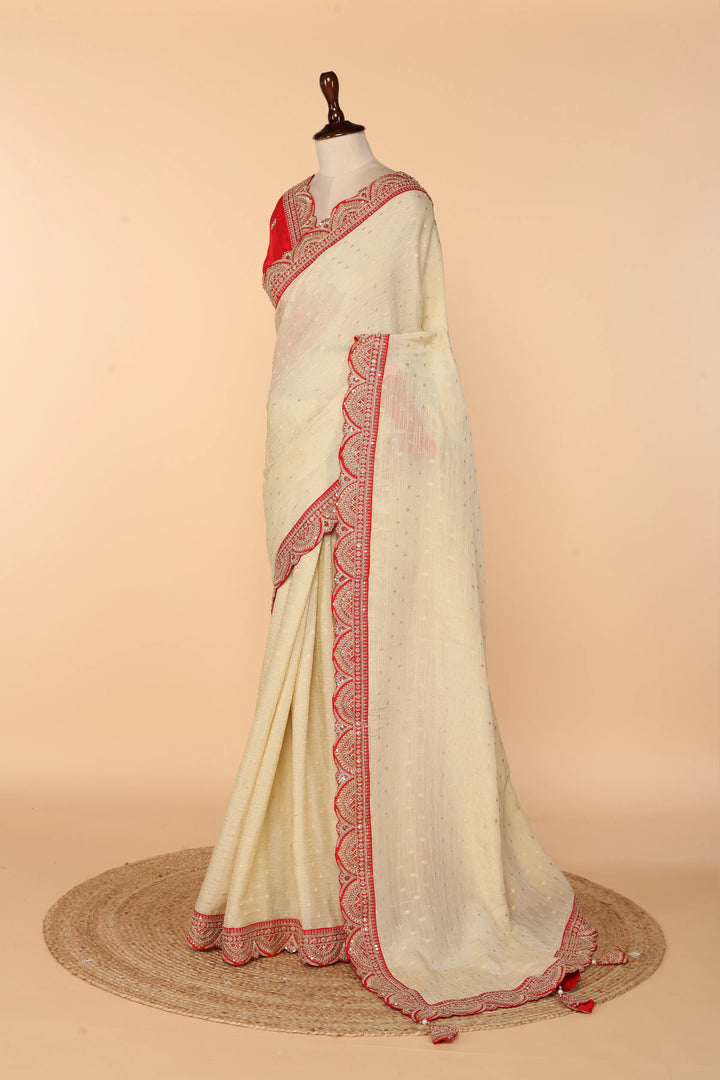 Beige Banarasi Crush Saree with Weaved Butti & Red Border Embellished in Marodi, Sequin & Zardosi