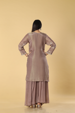 Load image into Gallery viewer, Chickoo tissue &amp; georgette zardosi resham embroidered sharara set
