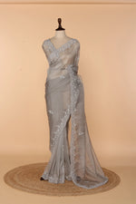 Load image into Gallery viewer, Light Grey Net Tissue Saree with Self Bead, Stone &amp; 3D Sequin Work

