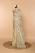 Load image into Gallery viewer, Off-White Abutai Silk Saree with Appliqué, Sequin, Cutdana &amp; French Knot Embroidery
