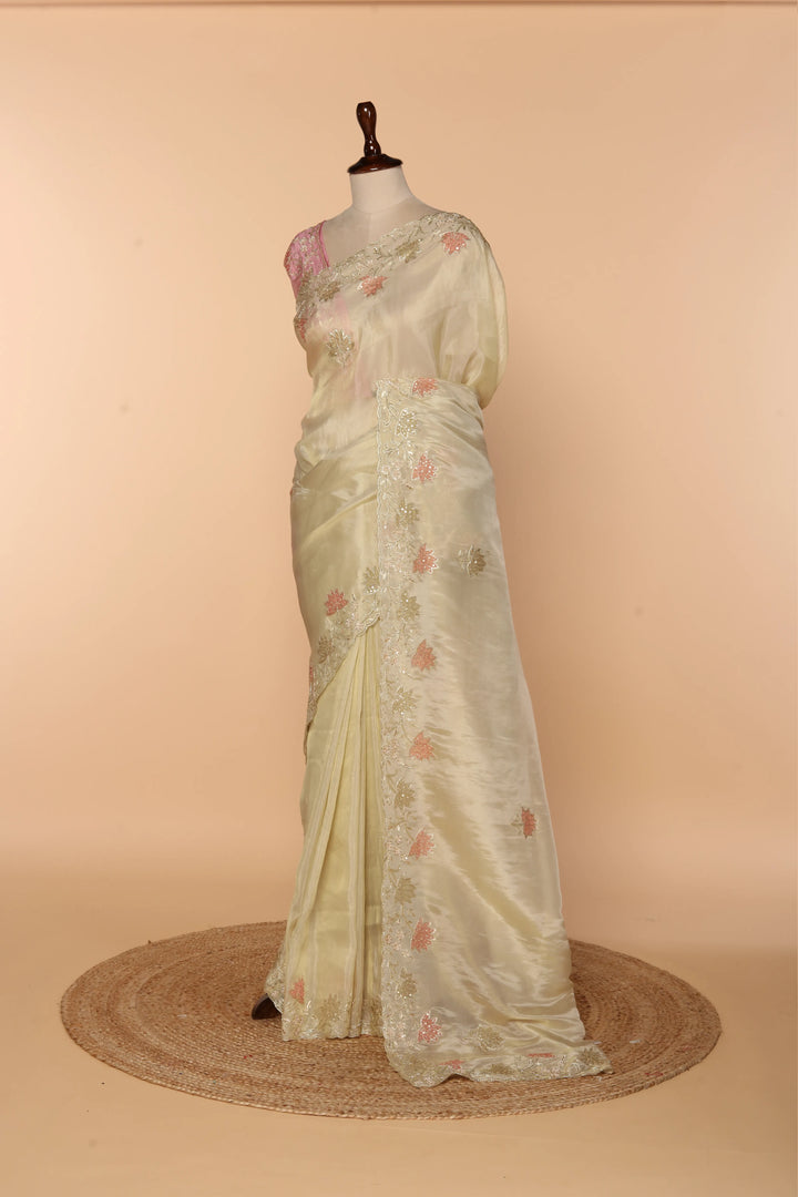 Off-White Abutai Silk Saree with Appliqué, Sequin, Cutdana & French Knot Embroidery