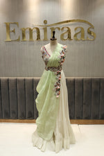 Load image into Gallery viewer, Pastel Green Organza Indowestern Set with Draped Palazzo &amp; Embroidered Blouse
