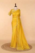 Load image into Gallery viewer, Yellow Abutai Silk Saree with Pearl Handwork &amp; Digital-Printed Blouse
