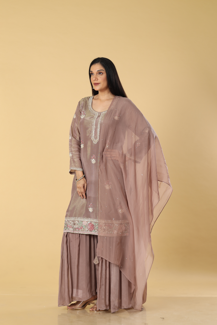 Chickoo tissue & georgette zardosi resham embroidered sharara set