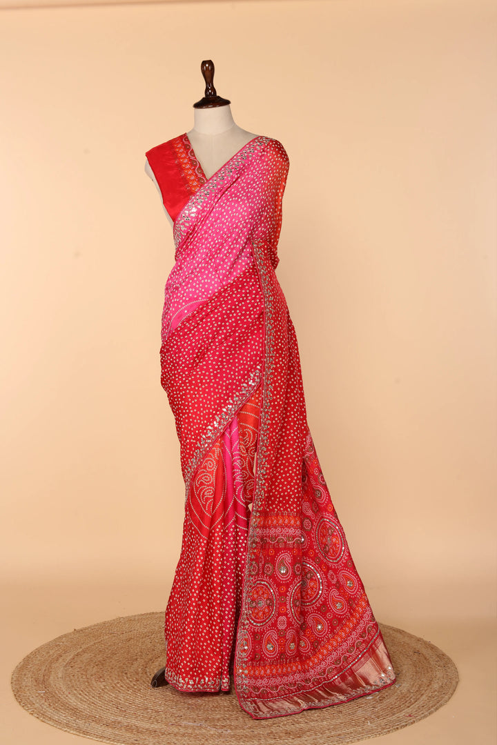 Red-Orange-Rani Upada Silk Saree with Bandhej Print, Zardosi, Abla & Gota Patti Work