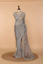 Load image into Gallery viewer, Light Grey Net Tissue Saree with Self Bead, Stone &amp; 3D Sequin Work
