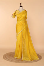 Load image into Gallery viewer, Yellow Abutai Silk Saree with Pearl Handwork &amp; Digital-Printed Blouse
