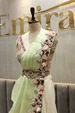 Load image into Gallery viewer, Pastel Green Organza Indowestern Set with Draped Palazzo &amp; Embroidered Blouse
