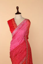 Load image into Gallery viewer, Red-Orange-Rani Upada Silk Saree with Bandhej Print, Zardosi, Abla &amp; Gota Patti Work
