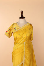 Load image into Gallery viewer, Yellow Abutai Silk Saree with Pearl Handwork &amp; Digital-Printed Blouse
