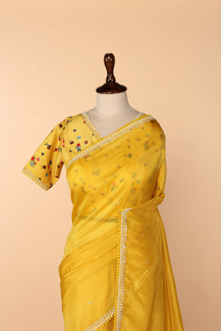Yellow Abutai Silk Saree with Pearl Handwork & Digital-Printed Blouse