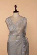 Load image into Gallery viewer, Light Grey Net Tissue Saree with Self Bead, Stone &amp; 3D Sequin Work
