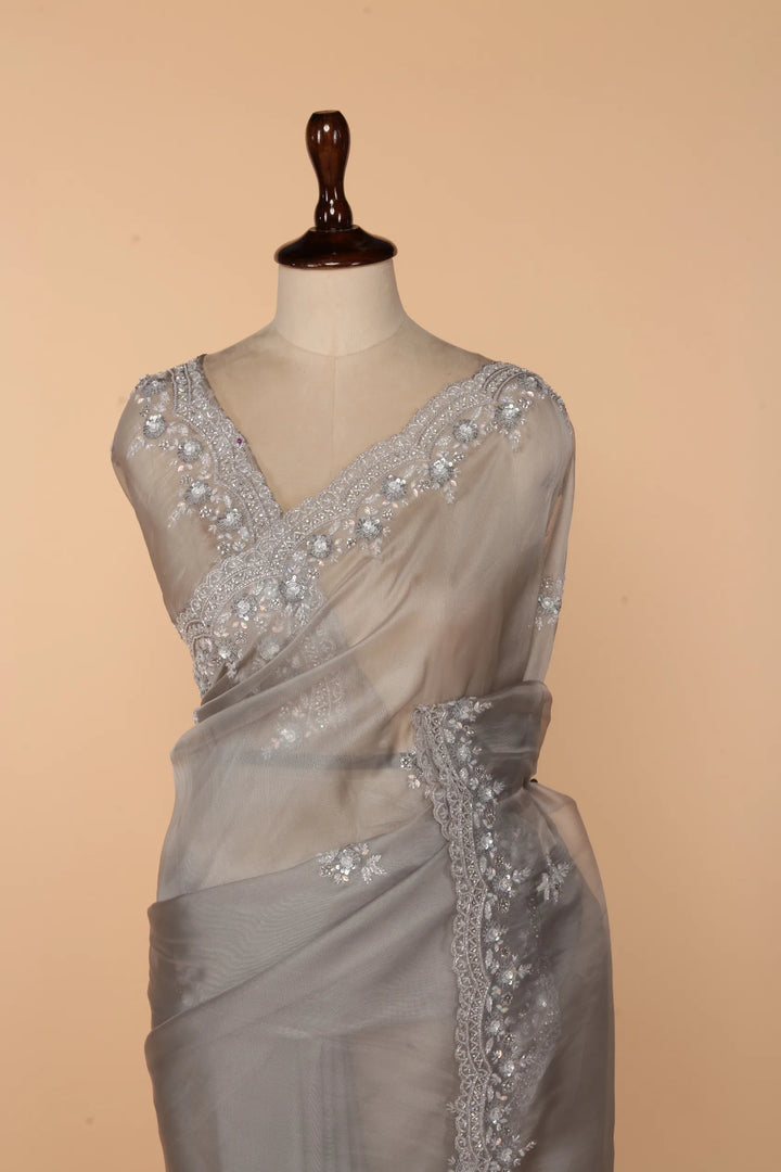 Light Grey Net Tissue Saree with Self Bead, Stone & 3D Sequin Work