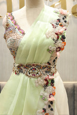 Load image into Gallery viewer, Pastel Green Organza Indowestern Set with Draped Palazzo &amp; Embroidered Blouse
