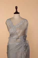 Load image into Gallery viewer, Light Grey Net Tissue Saree with Self Bead, Stone &amp; 3D Sequin Work
