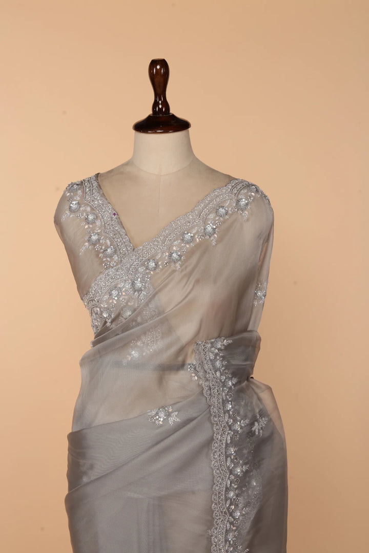 Light Grey Net Tissue Saree with Self Bead, Stone & 3D Sequin Work
