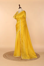 Load image into Gallery viewer, Yellow Abutai Silk Saree with Pearl Handwork &amp; Digital-Printed Blouse
