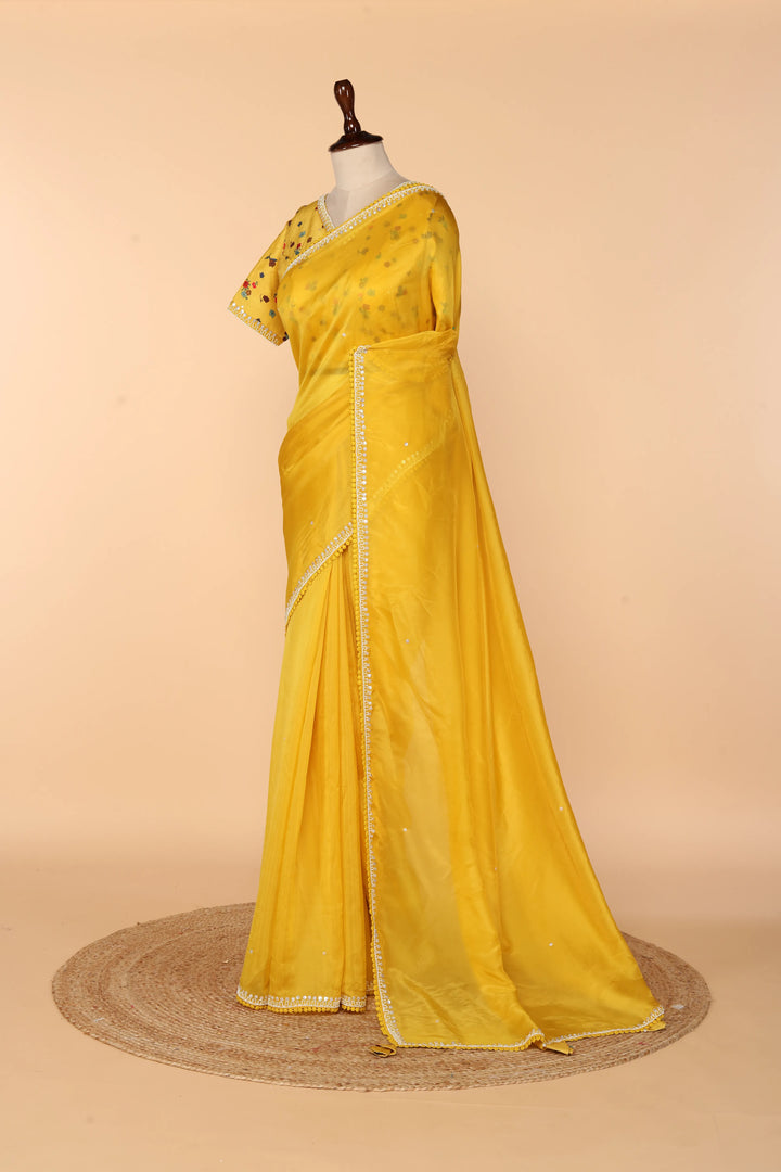Yellow Abutai Silk Saree with Pearl Handwork & Digital-Printed Blouse