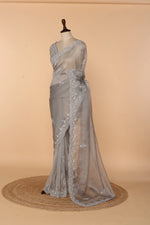 Load image into Gallery viewer, Light Grey Net Tissue Saree with Self Bead, Stone &amp; 3D Sequin Work
