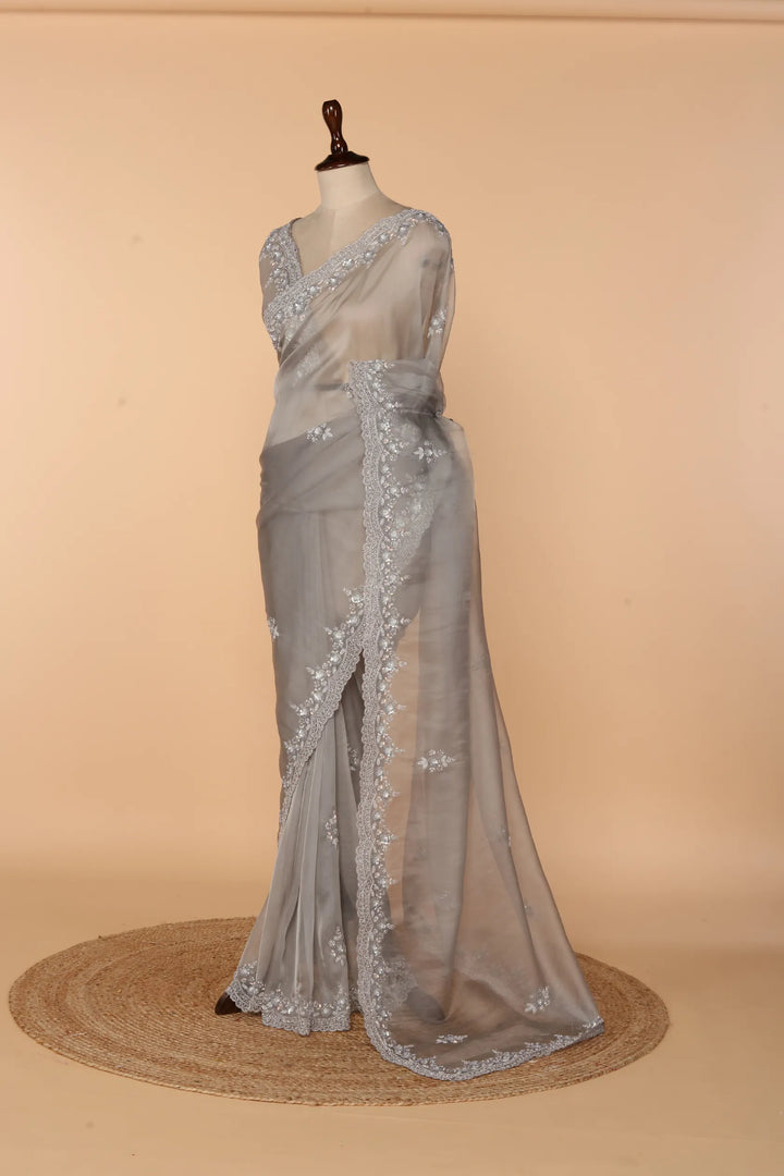 Light Grey Net Tissue Saree with Self Bead, Stone & 3D Sequin Work