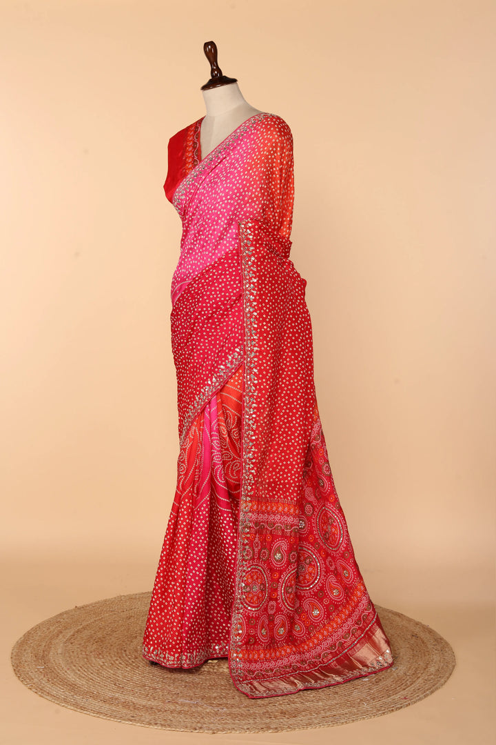 Red-Orange-Rani Upada Silk Saree with Bandhej Print, Zardosi, Abla & Gota Patti Work