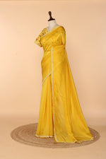 Load image into Gallery viewer, Yellow Abutai Silk Saree with Pearl Handwork &amp; Digital-Printed Blouse
