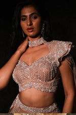 Load image into Gallery viewer, Champagne Gold Indowestern Set with Appliqué, Kardana &amp; Moti Work
