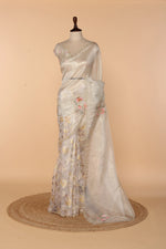 Load image into Gallery viewer, Off-White Half Tissue Half Barso Saree with 3D Sequin &amp; Bead Detailing
