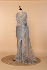 Load image into Gallery viewer, Light Grey Net Tissue Saree with Self Bead, Stone &amp; 3D Sequin Work
