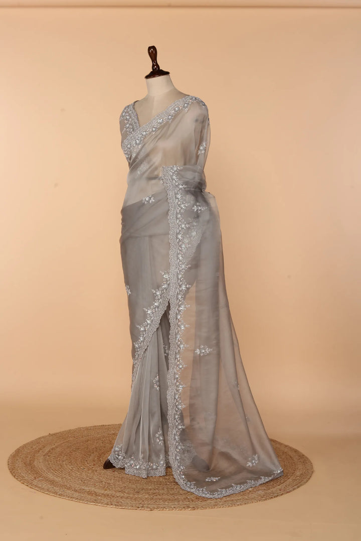 Light Grey Net Tissue Saree with Self Bead, Stone & 3D Sequin Work