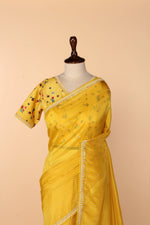 Load image into Gallery viewer, Yellow Abutai Silk Saree with Pearl Handwork &amp; Digital-Printed Blouse

