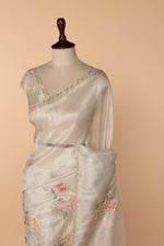 Load image into Gallery viewer, Off-White Half Tissue Half Barso Saree with 3D Sequin &amp; Bead Detailing
