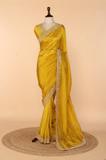 Load image into Gallery viewer, Yellow Abutai Silk Saree with Zardosi, Sequin, French Knot &amp; Moti Work
