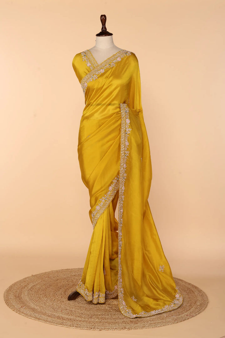 Yellow Abutai Silk Saree with Zardosi, Sequin, French Knot & Moti Work