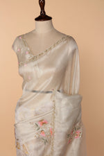 Load image into Gallery viewer, Off-White Half Tissue Half Barso Saree with 3D Sequin &amp; Bead Detailing
