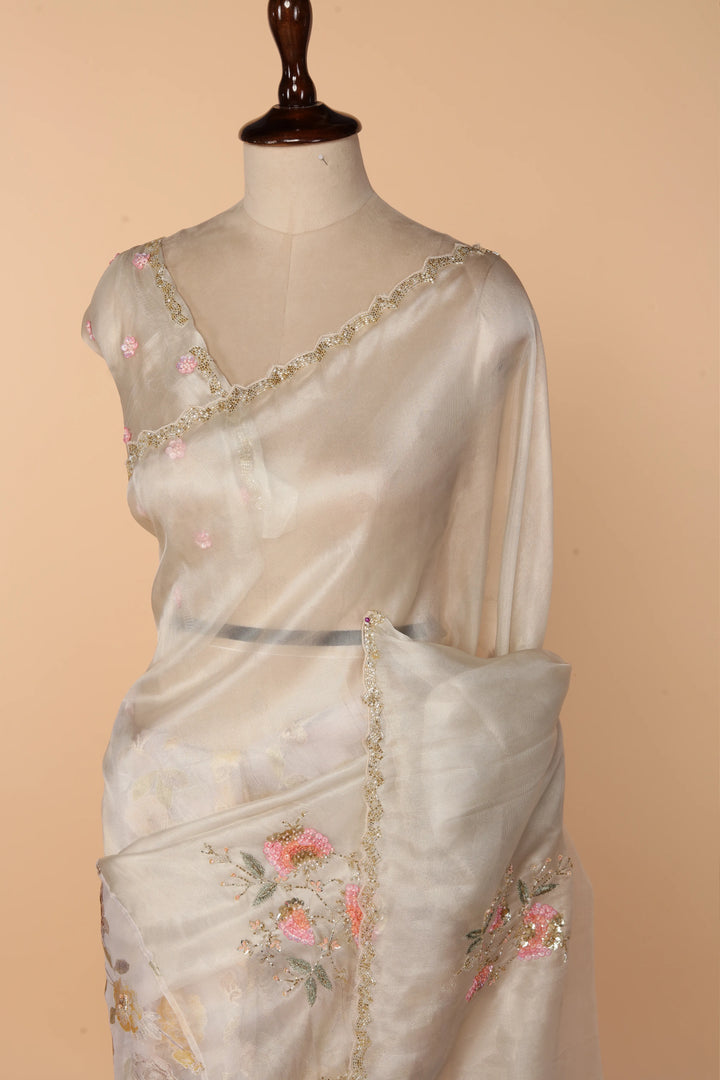 Off-White Half Tissue Half Barso Saree with 3D Sequin & Bead Detailing